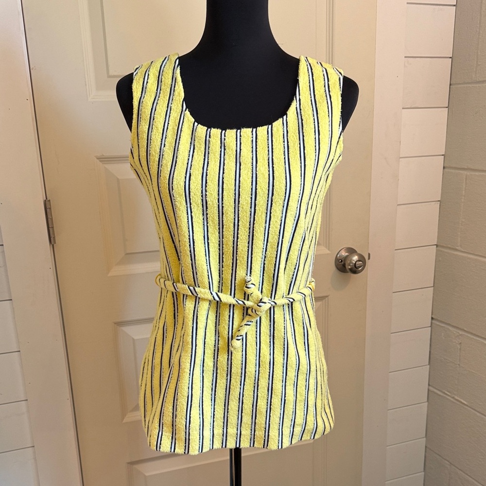 Vintage terry cloth Sleeveless Yellow Striped Tie-Belt swim coverup
